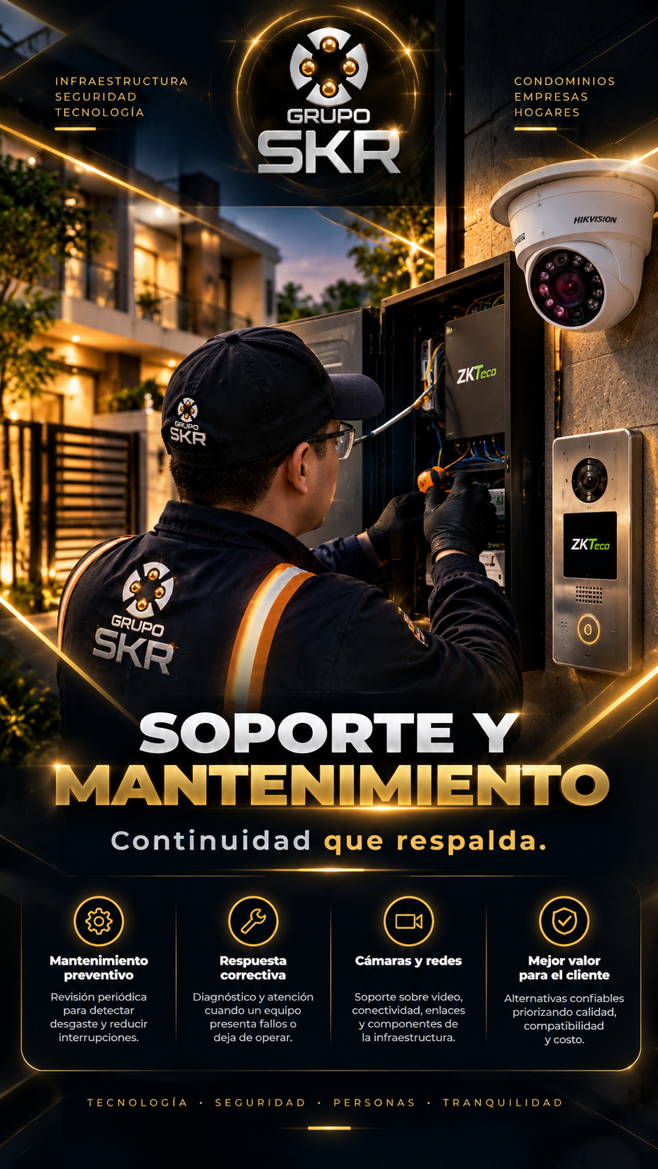 Diseño aprobado de Soporte y Mantenimiento: técnico de SKR con cámara Hikvision e intercomunicador ZKTeco